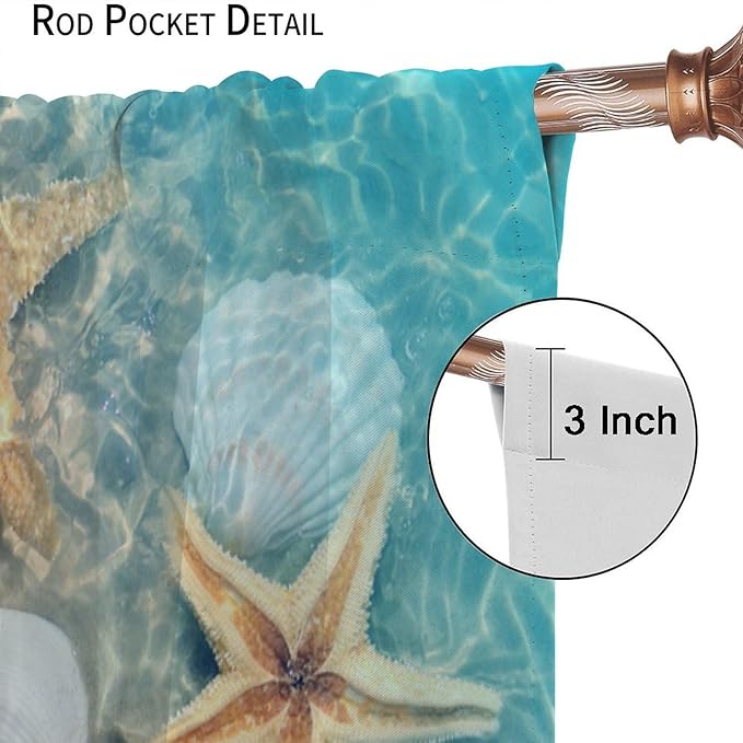Beach Curtain for Bathroom Decor，Sea Turtle Starfish Seashell Nautical Ocean Coastal Scenery Art Printed Fabric Polyester Waterproof Set 2 Panels,72x63 Inches