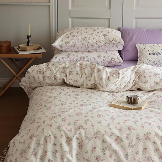 Rose Flower Duvet Cover Twin XL White Soft Cotton Comforter Cover Girls Pink Floral Bedding Set Vintage Country Style Flower Comforter Cover with 2 Pillowcases Cottagecore Floral Duvet Cover Set