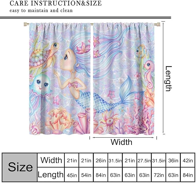 Mermaid Curtains for Girls Children Pink Sea Animal Mermaid Coral Bedroom Curtains for Living Room Room 72x63 Inch