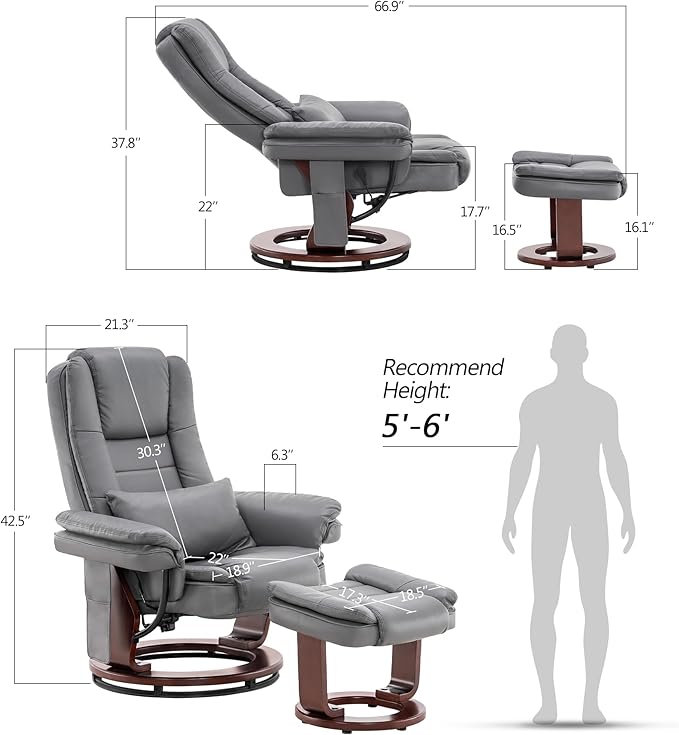 MCombo Swivel Recliner with Ottoman Chair, TV Chair Sets with Vibration Massage, for Small Space Living Room Bedroom 9096 9099 (Faux Leather, Grey)