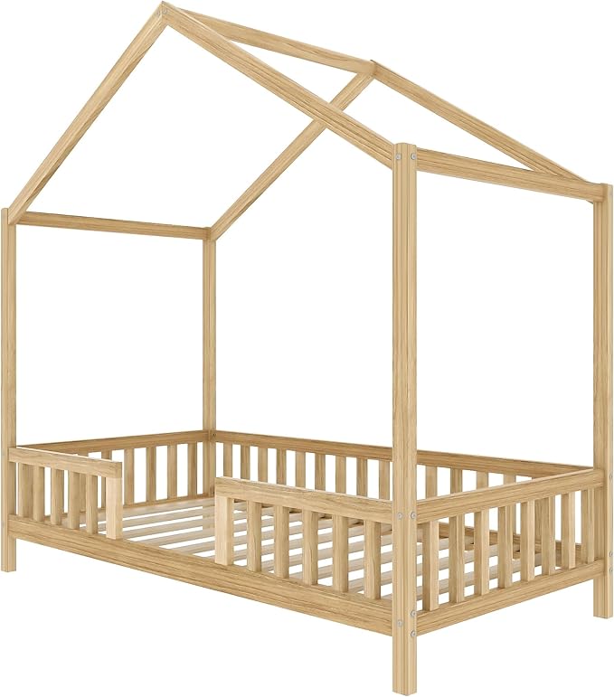 Montessori Floor Bed with Canopy, High Railings and Roof, Twin Size Wood House Bed Frame for Kids Bedroom (Natural/C2)