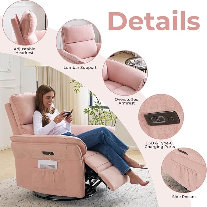 Oversized Power Recliner Chair Swivel Glider with Massage and Heat, Rocker Nursery Recliner for Adults with Adjustable Headrest, 26" Extra Wide Nursery Chair with Overstuffed Armrest,Pink