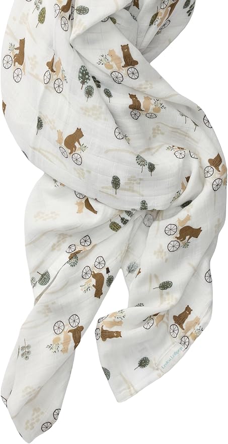 Loulou Lollipop Muslin Swaddle Blanket, Bears on Bike - 70% Rayon from Bamboo, 30% Cotton, Size 18-24M, Unisex, Lightweight, Summer, Swaddle, Sleep & Swaddle
