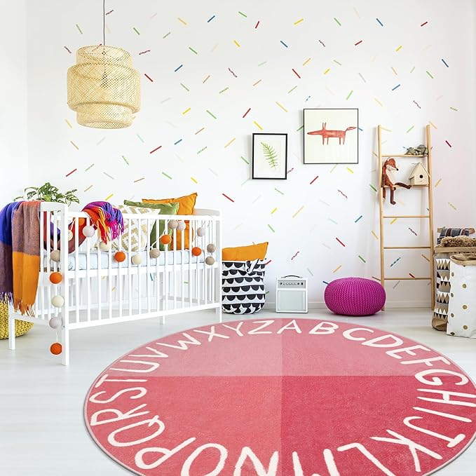 LIVEBOX Large Pink Rugs for Nursery, Washable Kids Rug for Girls Bedroom, Educational Round Rug for Playroom, ABC Circle Carpet Soft Princess Playmat for Living Room Classroom(71",Pink)