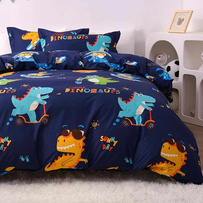 JSD Sports Dinosaur Kids Duvet Cover Set Full Size, 3 Piece Cute Printed Microfiber Comforter Cover with Pillow Shams Zipper Closure, Comforter Not Included