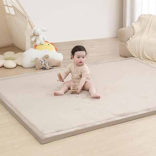 Baby Play Mat for Floor,1.3" Thick Elasti Foam Tummy Time Mat,79"×158“ Extra Large Soft Coral Velvet Nursery Rug,Non Slip Safe for Crawling,Toddlers,Infants,kids,Tatami Style for Living Room,Classroom,Playroom(Beige)
