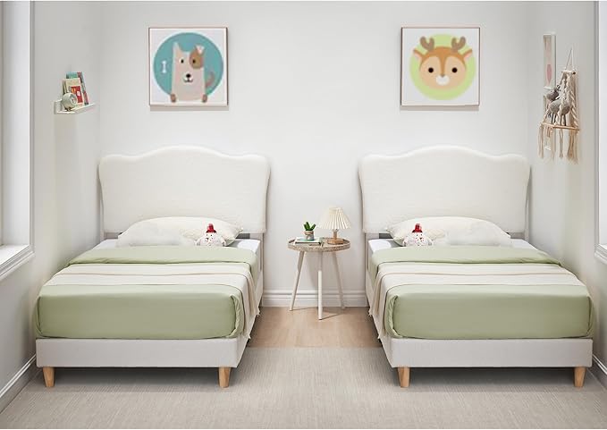 GarveeHome Upholstered Twin Size Bed Frame for Kids with Scallop Headboard, Cute Velvet Twin Bed for Girls, Boys, Sturdy Platform Bed, No Box Spring Needed, Wooden Slats, Noise Free, White