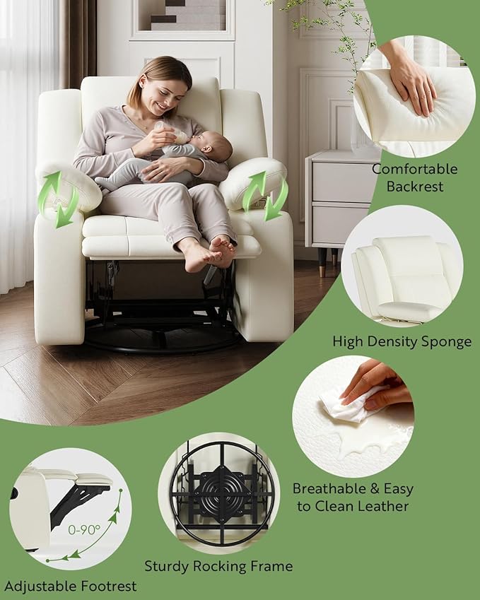 AILEEKISS Rocking Chair Nursery Swivel Recliner Glider Chair with Adjustable Armrests,Headrest Rocker Nursing Chair for Breastfeeding Comfy Upholstered Living Room Reclining Chairs(Beige)
