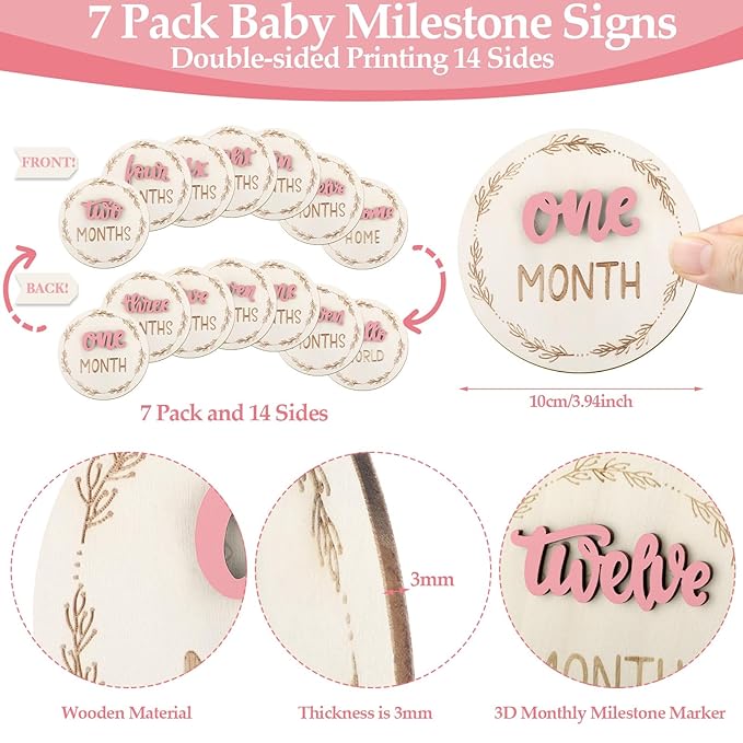 7 Pcs Months Baby Milestone Signs, 3D Pink Baby Monthly Milestone Cards Milestone Wooden Circles for Newborn Boy Girl 1-12 Months Baby Milestone Pictures (Double Sided)