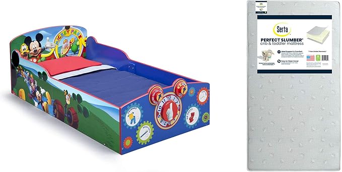 Delta Children Interactive Wood Toddler Bed, Disney Mickey Mouse + Serta Perfect Slumber Dual Sided Recycled Fiber Core Toddler Mattress (Bundle)
