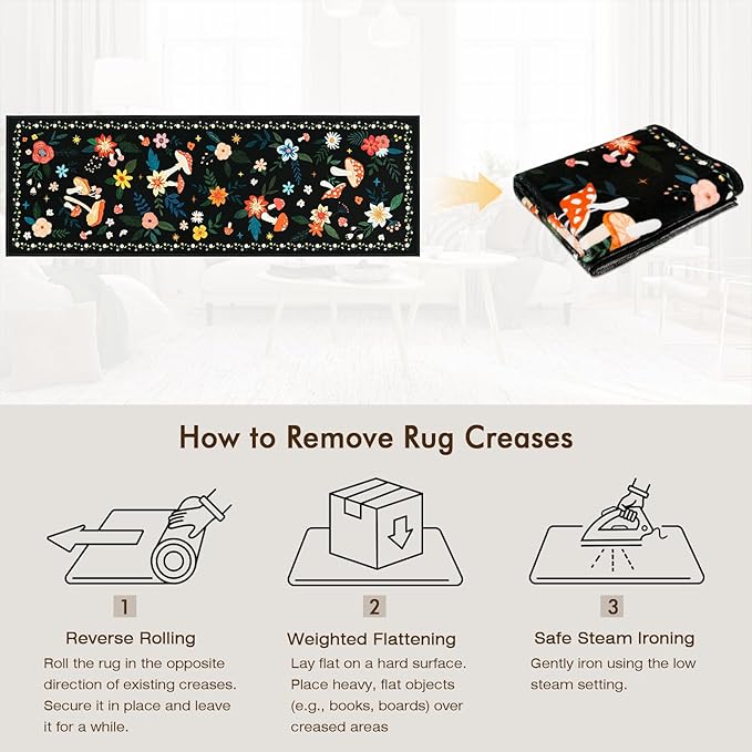 2x6 Machine Washable Kitchen Runner Rug, Non-Slip Vintage Floral Hallway Rug, Low Pile Carpet Runners for Laundry Room, Entryway, Bedroom & Kitchen(2x6 Black Mushroom)