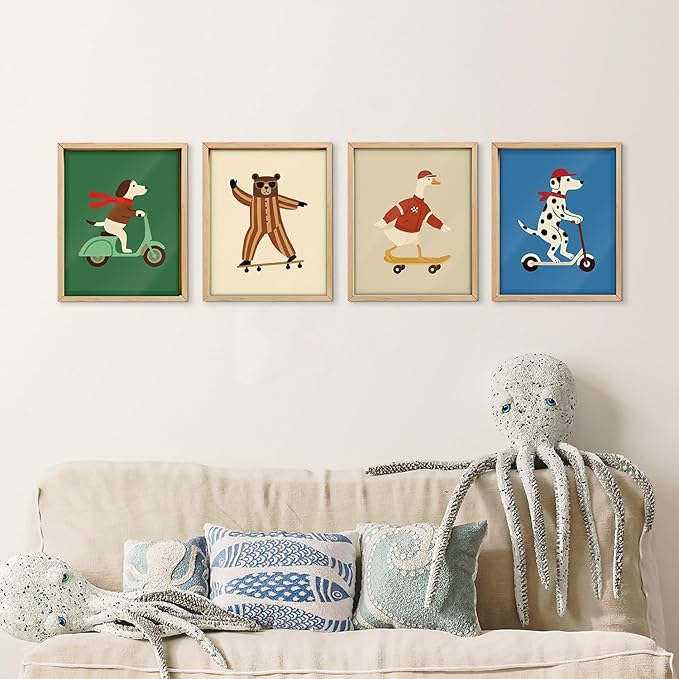 VONTP Kids Animal Nursery Wall Art Decor, Retro Dog Goose Bear Nursery Prints Poster Wall Decorations for Kids Boy Nursery Toddler Room Bedroom Playroom, 8x10 Inch Set of 4 (Unframed)