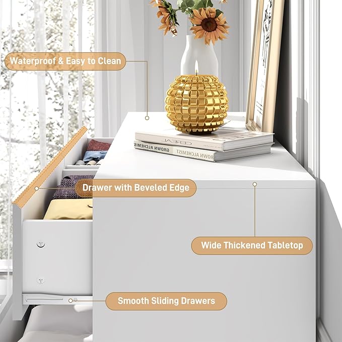 White Malm High Gloss Dresser for Bedroom, 47" Wide 41" Tall Dresser with 8 Drawers, Modern Large Wood Chest of Drawer Handle Free, Living Room, Entryway, Hallway, White