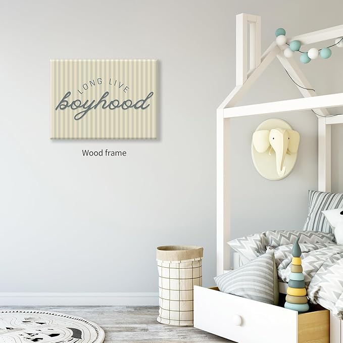 Long Live Boyhood Quote Wall Art Preppy Blue Stripe Poster 24x36 inch Framed Modern Fashion Minimalist Canvas Prints for Boy Nursery Bedroom Wall Decor