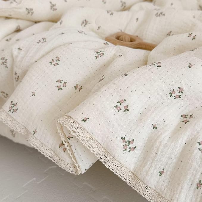 BuLuTu Pink Flower Print Toddler Kids Comforter Muslin Cotton Toddler Blankets for Girls Boys Children Quilt Blanket (No Pillow), Breathable Skin-Friendly, Primrose Pattern, 60"x78"