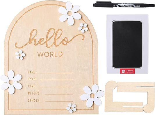 iEvolve Baby Announcement Sign Hello World Wooden Birth Name Sign Welcome Baby Newborn Board Butterflies and White Flowers Nursery Decor for Baby Girls Boys (White Flowers)