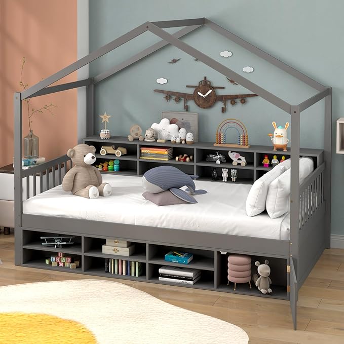 KOMFOTT Twin Size Wood House Bed with Storage Shelves, Wooden Platform Bed Frame with Storage Cabinet, Headboard & Footboard, House Bed with Wood Slats Support, No Box Spring Needed (Grey)