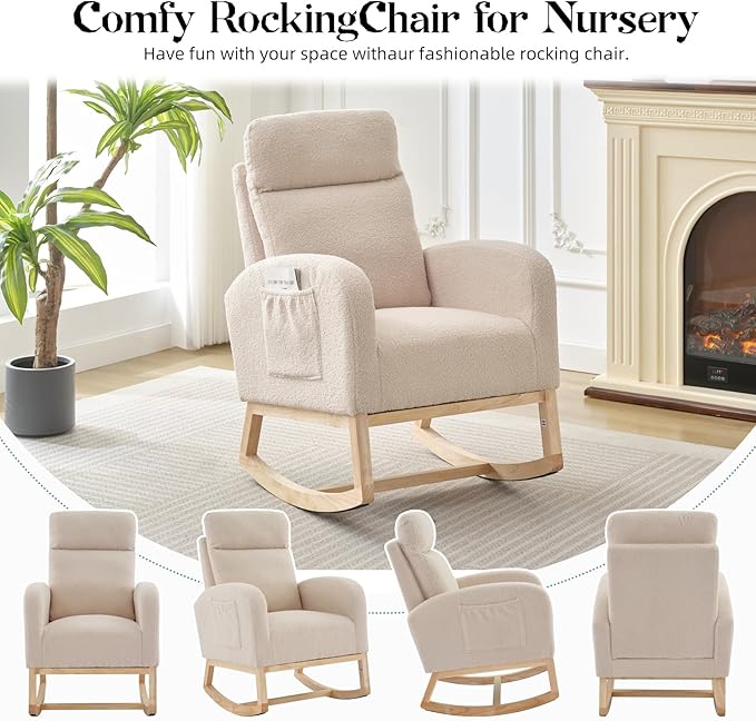 Rocking Chair Nursery, Modern Upholstered Glider Rocker with Side Pocket, Upholstered Lounge Chair with Solid Wood Base for Relaxin, for Living Room, Bedroom