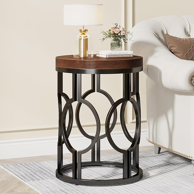 Tribesigns Round End Table, Industrial SideTable with Metal Hollow Frame, Small Bedside Table Nightstand for Living Room, Bedroom, Easy Assembly (Rustic Brown,1PC)