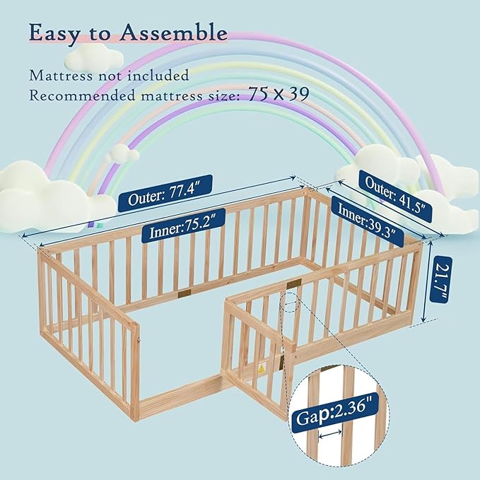 Tatub Twin Montessori Floor Bed with High Rails, Solid Wood Montessori Bed Frame for Kids, Door Can Install Left and Right, Twin-Nature