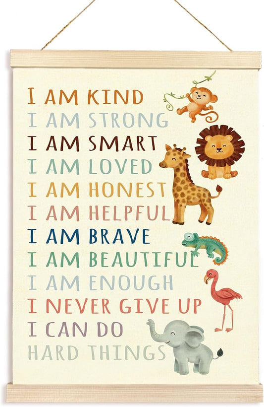 Hiuwevt Positive Affirmations Wall Art, I Am Kind Inspirational Poster Hanger Frame, Baby Wild Animal Nursery Wall Art Home Decor for Kid Boys Girls Toddler Nursery Room Bedroom Playroom, 12x16 Inch