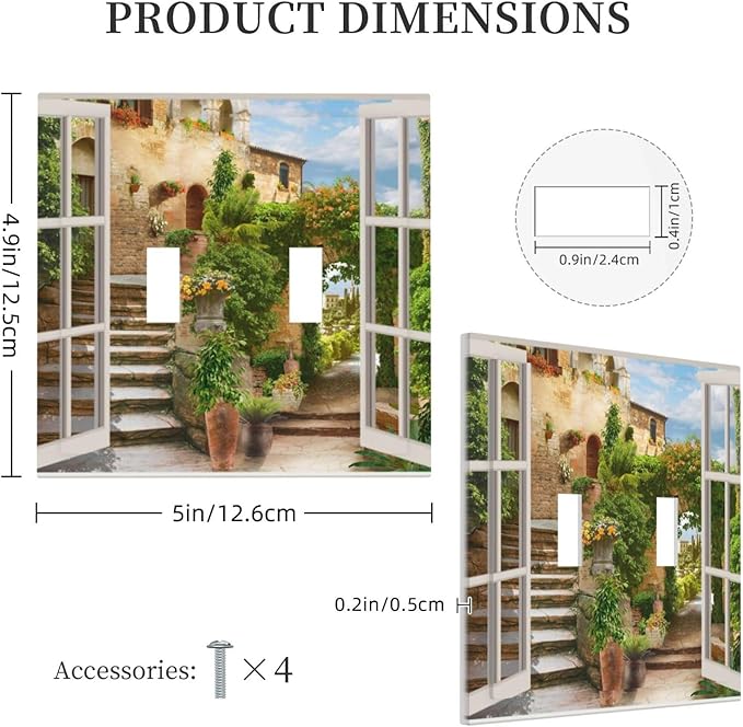 Mediterranean Greece Scene Flowers 2 Gang Light Switch Plate Decorative Double Toggle Wall Plate Italian Town from Another Window Receptacle Switchplate Decorate for Home Living Room Bedroom