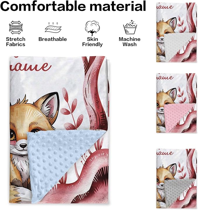 Personalized Baby Blanket with Name – Woodland Rusty Red Fox Design Soft Receiving Blanket for Newborn Girls, Custom, Cozy Nursery Decor for Toddlers