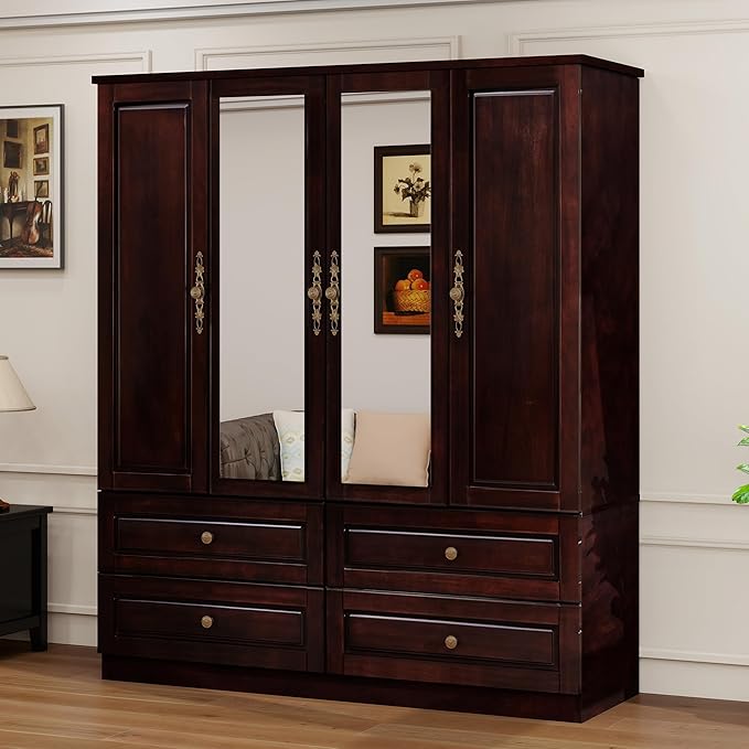 Solid Wood Armoire:4 Doors Wardrobe Closet with Mirror Drawers and Hanging Rod,Storage Cabinet Clothes Organizer for Bedroom Brown Black