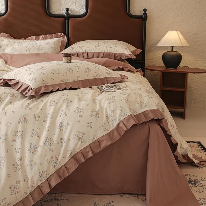 Rose Flower Duvet Cover Twin Girls Romantic Floral Bedding Set with Dusty Pink Ruffles 100% Cotton Floral Comforter Cover 1 Twin Duvet Cover with 2 Pillowcases Botanical Flower Ruffle Bedding Set