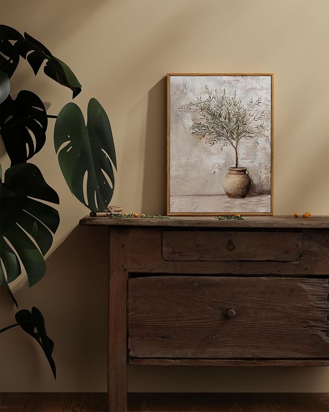ARPEOTCY Vintage Framed Canvas Wall Art, 12x16inch, Farmhouse Olive Tree in Vessel Wall Decor, Still Life Art Prints Home Decorations, Botanical Paintings for Living Room Bedroom Office Decor