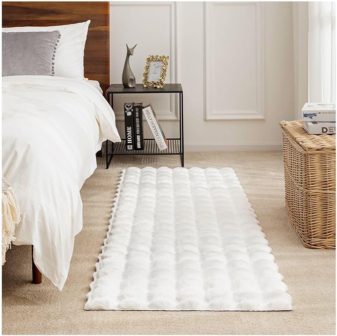 Ashler Faux Rabbit Fur Rug, White 2x6 FT Fluffy Soft Runner Area Rugs, Rectangle Fuzzy Carpet for Living Room, Bedroom, Machine Washable Shaggy Nursery - 3D Bubble Mat