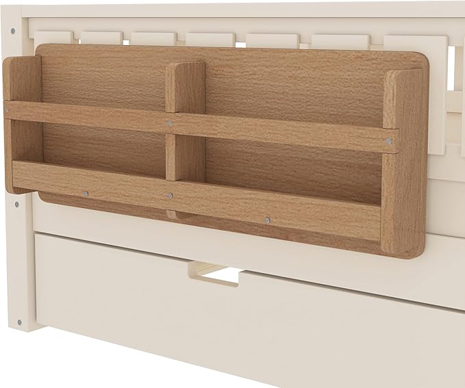 Bellemave Twin Size Kids Bed with high Rails and with Built-in Bookshelf and Trundle for Kids, Girls, Boys, Wood Montessori Bed Without Door, Beige