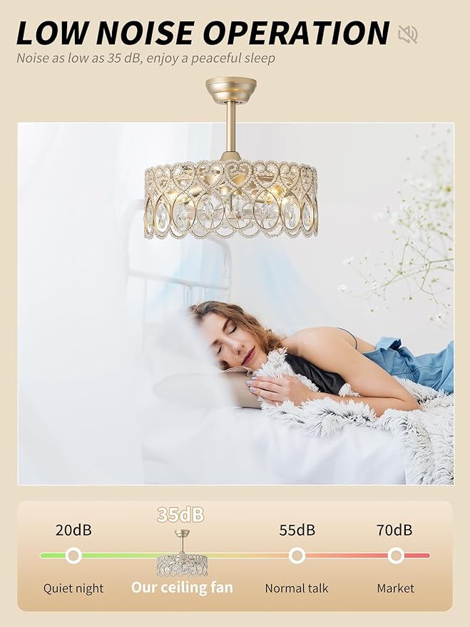 20" Gold Crystal Fandelier Ceiling Fans with Lights, Gold Chandelier Ceiling Fan with Light Remote Control, Mid-Century Modern Caged 6 Speeds for Bedroom, Nursery, Foyer, Living Room