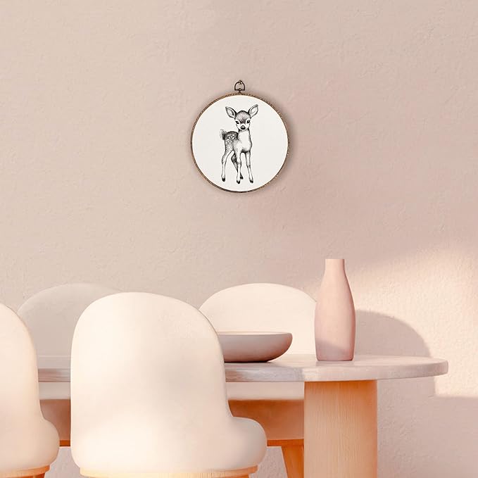 Vintage Deer Round Wall Art Framed, Cottagecore Deer Round Wall Decor, Retro Animal Farmhouse Hanging Canvas Prints Wall Sculptures for Home Nursery Bedroom Decor, 10x10 Inch