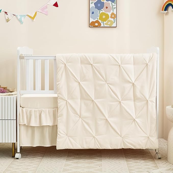 3-Piece Crib Bedding Set for Girls Boys - Ultra Soft & Skin Friendly Baby Bedding Crib Set Includes Crib Comforter, Sheet & Skirt (Light Beige)