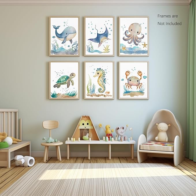 Wodkwq Nursery Wall Art Sea Animal Canvas Prints Baby Girl Boy Room Decor Watercolor Paintings Pictures Cute Ocean Theme Toddler Room Decoration Set of 6 for Kids Bedroom Bathroom 8x10in Unframed