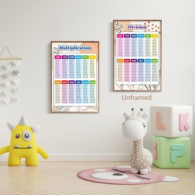 Set of 2 Multiplication and Division Chart, Math Posters for Elementary School, Educational Kids Math Learning Canvas Wall Art, Classroom Homeschool Times Table Print for Wall 16x24in Framed