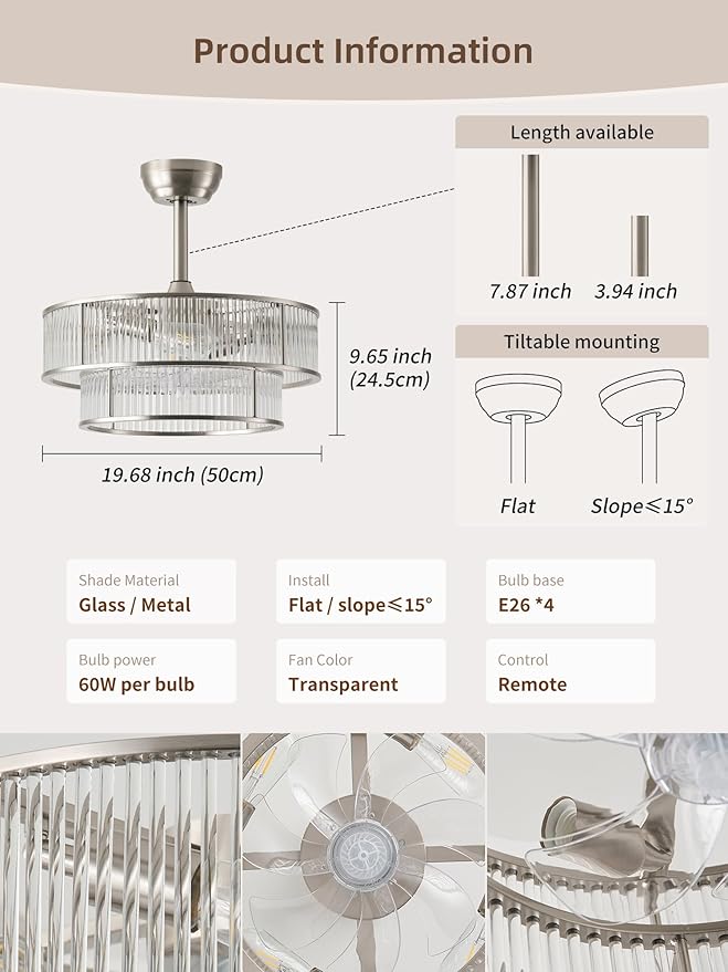 Silver Fandelier Ceiling Fans with Lights, 20" Silver Crystal Chandelier Ceiling Fan with Light Remote Control, Caged Mid Century with 6 Speeds for Bedroom, Living Room, Nursery