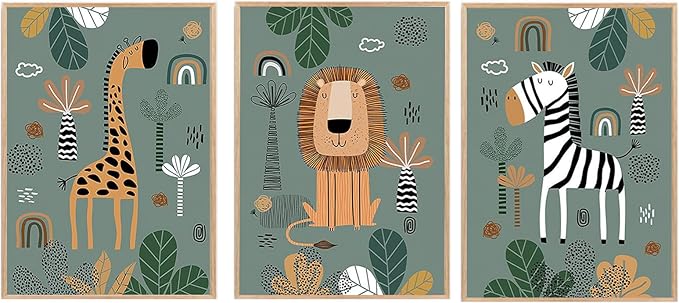 Boho Animal Wall Art Prints for Nursery & Kids Room - 3-Piece Set of Cute Wildlife Decor (Giraffe/Lion/Zebra), Vintage Style Wall Decorations, 12x16 inch Unframed, Adds Warmth & Vibrancy to Bedroom/Home