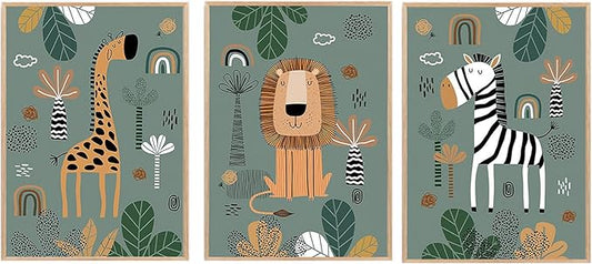 Boho Animal Wall Art Prints for Nursery & Kids Room - 3-Piece Set of Cute Wildlife Decor (Giraffe/Lion/Zebra), Vintage Style Wall Decorations, 12x16 inch Unframed, Adds Warmth & Vibrancy to Bedroom/Home