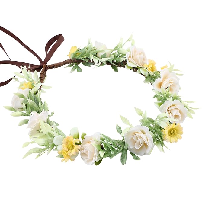 Girls Rose Flower Crown - White Boho Flower Headband Bridal Wreath Popular Floral Headpiece for Women Wedding, Baby Shower, Family Photos and Fancy Gala