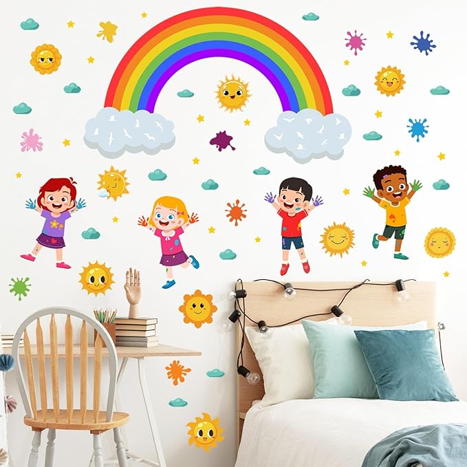 Rainbow Wall Decals Colorful Kids Wall Stickers for Classroom, Inspirational Sun Clouds Wall Decals Watercolor Splatter Sunny Art Murals for Girls Room Nursery Playroom Decorations