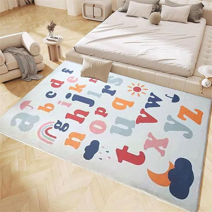 Colorful Alphabet Carpet 4x6 Area Rugs Washable Non-Slip Cute Rainbow Sun Umbrella Kids Rug Foldable Playmat for Classroom Alphabet Learning Nursery