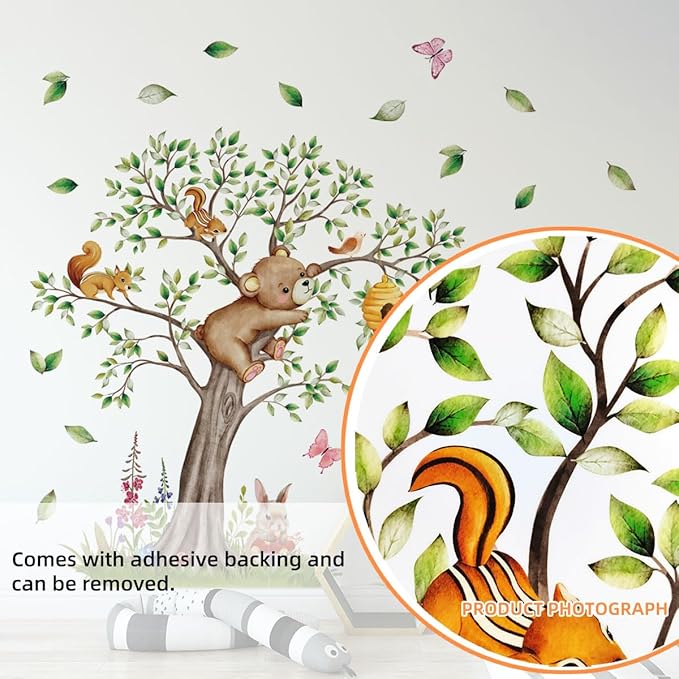 Woodland Forest Tree Wall Decals, Nursery Tree with Bear Deer Animals Wall Stickers for Nursery Kids Bedroom Wall Decor, 57.48x53.54 inches