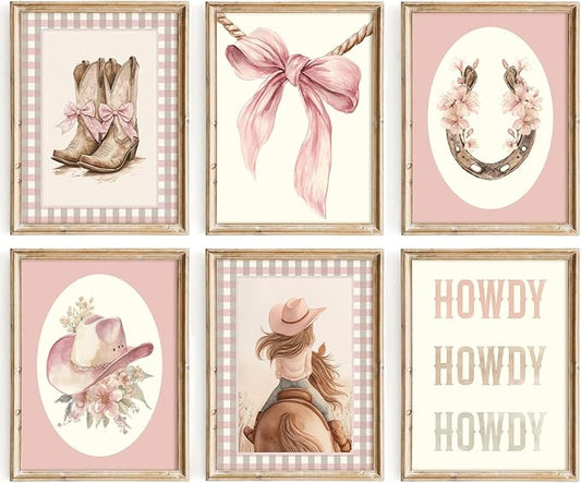 Western Cowgirl Nursery Wall Art Decor Vintage Girl Room Canvas Poster Pink Coquette Nursery Art Prints Preppy Aesthetic Pictures Bow Floral Boots Artwork for Girls Bedroom 8x10 Inch Unframed 6Pcs