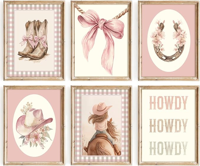 Western Cowgirl Nursery Wall Art Decor Vintage Girl Room Canvas Poster Pink Coquette Nursery Art Prints Preppy Aesthetic Pictures Bow Floral Boots Artwork for Girls Bedroom 12x16 Inch Unframed 6Pcs