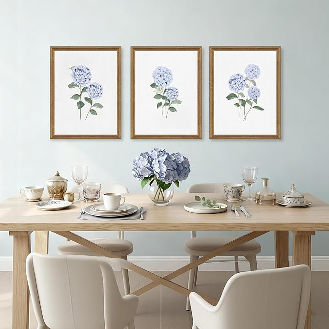 WRFON Hydrangea Wall Art, Blue Floral Wall Decor, Blue Watercolor Botanical Poster Wall Decor, Modern Minimalist Botanical Canvas Painting Print for Living Room Bedroom Wood Framed 12"x16"x3