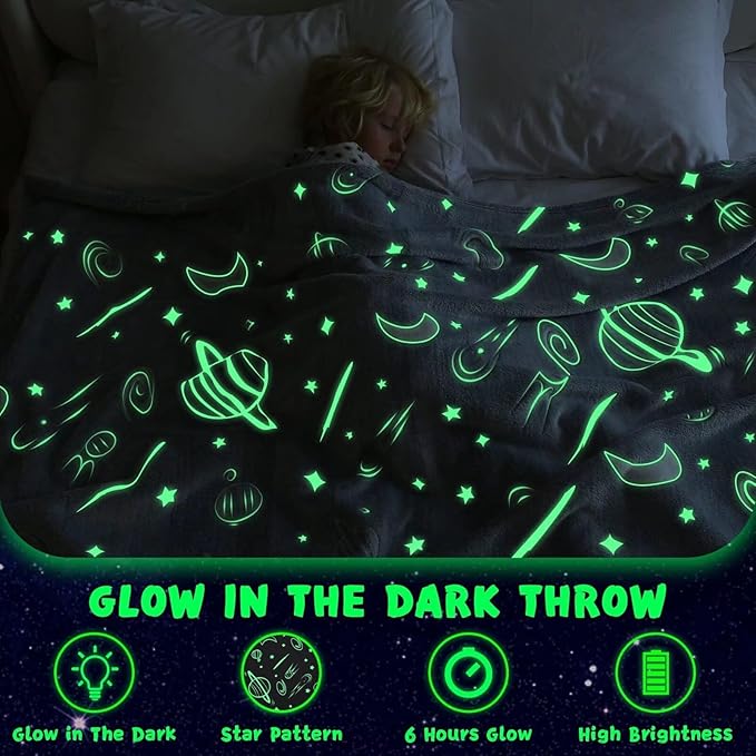inhand Blue Glow in The Dark Blanket Space Toys Birthday Gifts for Boys Cute Kids Blanket and Funny Space Planet Moon Galaxy Room Decor for Age1 2 3 4 5 6 7 8 9 10 Year Old (30''x40''Blue)