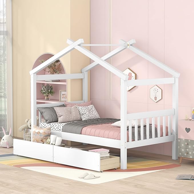Merax Twin Size Wooden House Bed with Two Drawers, Wood Bed Frame with Roof for Kids, Teens, Boys or Girls, White