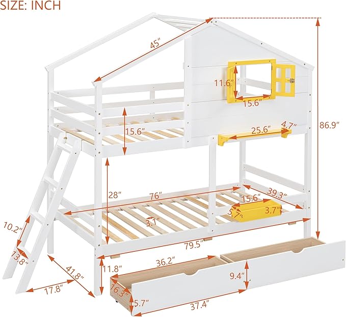 MERITLINE Twin Over Twin House Bunk Bed with Storage Drawers and Storage Box, Solid Wood Bunk Bed with Ladder,Shelf and Roof (White)